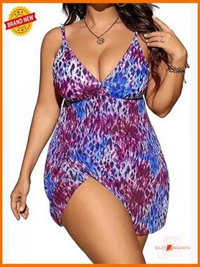 Plus Size Tankini Set with Tummy Control Leopard Print 2 Piece Swimwear V Neck